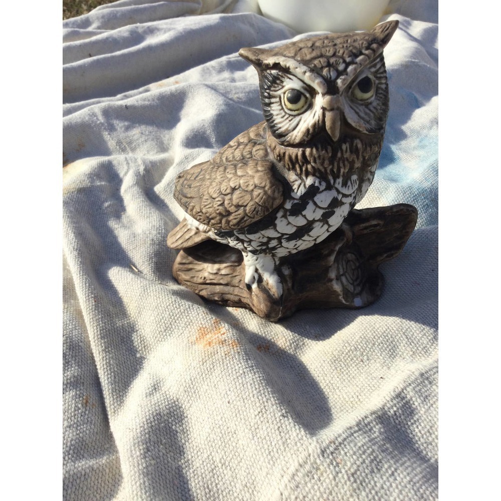 Vintage 5” Homco owl figurine ceramic branch brown Audubon aviary